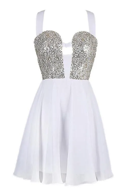 Sexy A-line Straps Chiffon White Homecoming Dress With Sequins  TR0155
