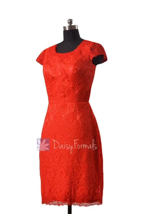 Sheath Lace Party Dress Short Red Lace Bridesmaid Dress W/Cap Sleeves(BM2530)