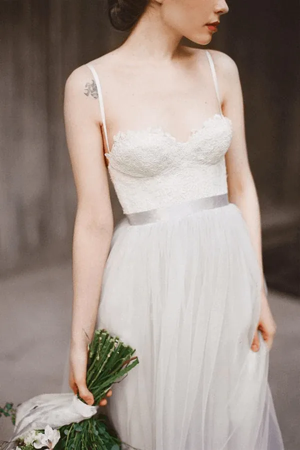Spaghetti Straps Backless Grey Tulle Long Wedding Dresses With Lace Appliques TN305