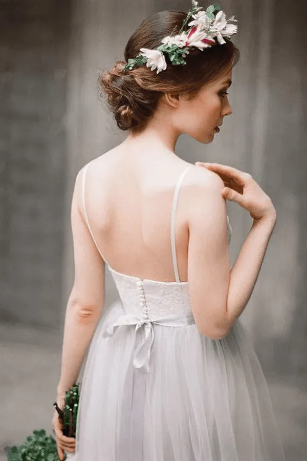 Spaghetti Straps Backless Grey Tulle Long Wedding Dresses With Lace Appliques TN305