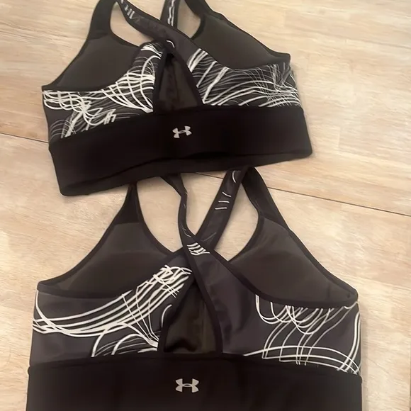 UNDER ARMOUR SET of 2 Black Print Compression Sports Bras Sz Large black gray