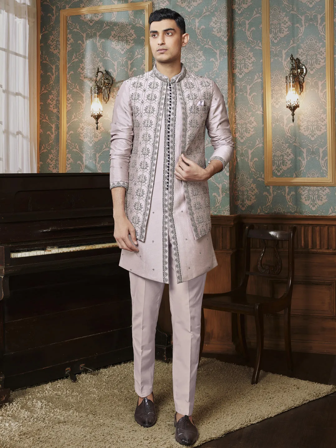 Unique Champagne Purple ThreadWork Indo Western Set
