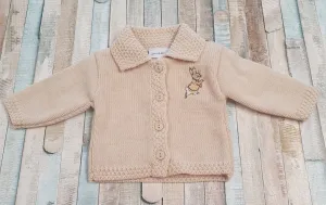 Unisex Baby Beige Rabbit Cardigan With Gold Embroidered Rabbit
