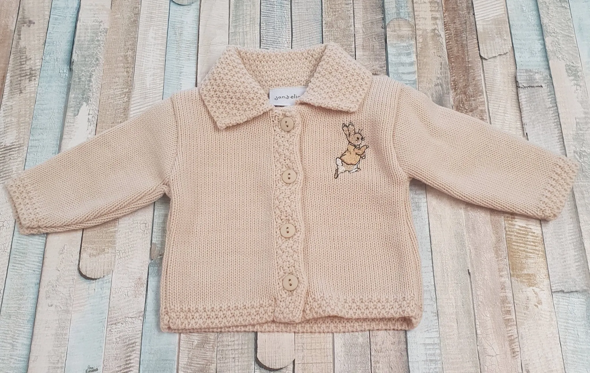 Unisex Baby Beige Rabbit Cardigan With Gold Embroidered Rabbit