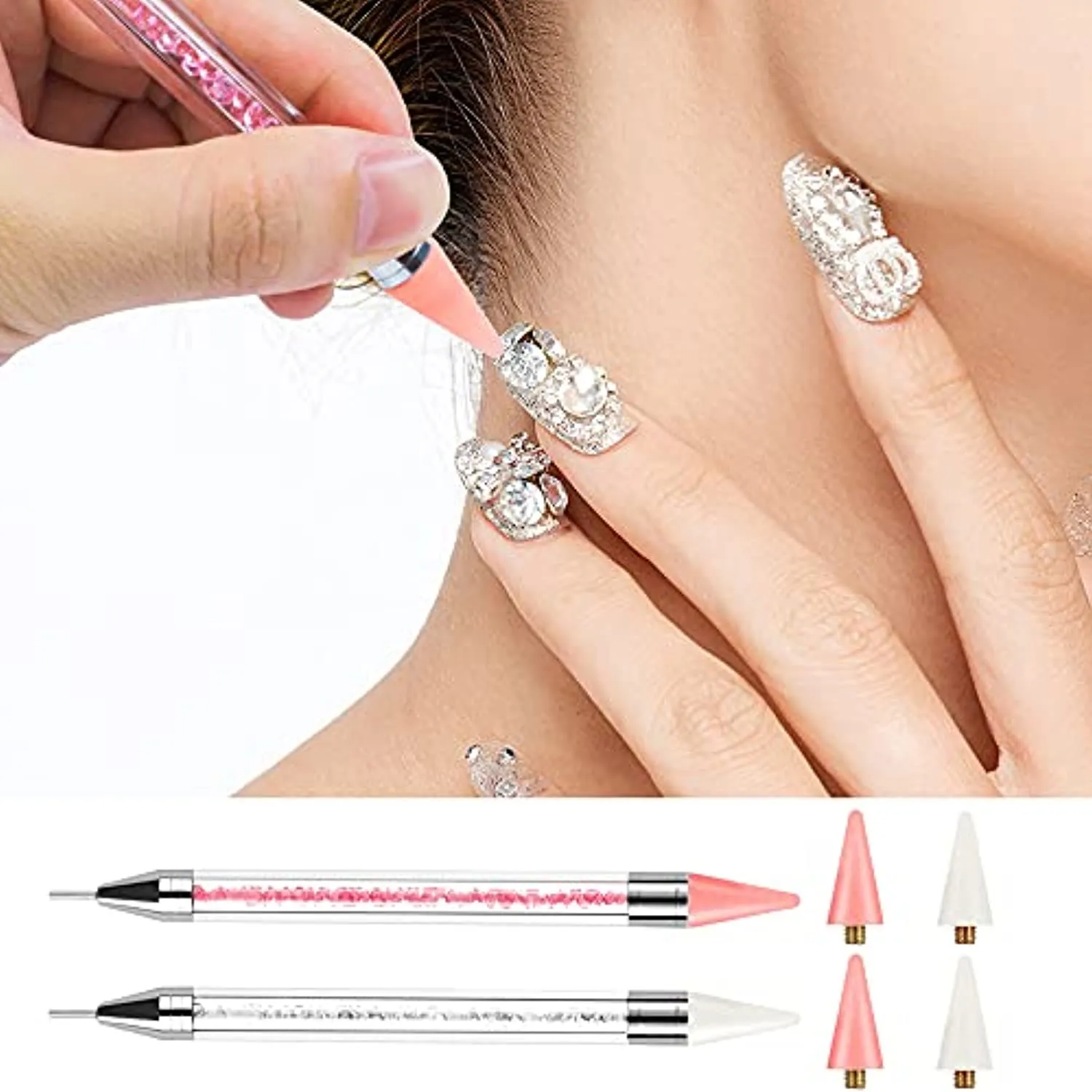 Wax Pencil for Rhinestones Wax Pen Rhinestone Picker Dotting Pen 2 Pieces Acrylic Handle Dual-Ended Rhinestones Pen Applicator Jewel Picker Tool with 4 Extra Wax Tips and 1 Nail Art Tweezer