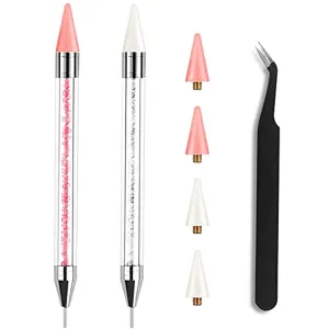 Wax Pencil for Rhinestones Wax Pen Rhinestone Picker Dotting Pen 2 Pieces Acrylic Handle Dual-Ended Rhinestones Pen Applicator Jewel Picker Tool with 4 Extra Wax Tips and 1 Nail Art Tweezer