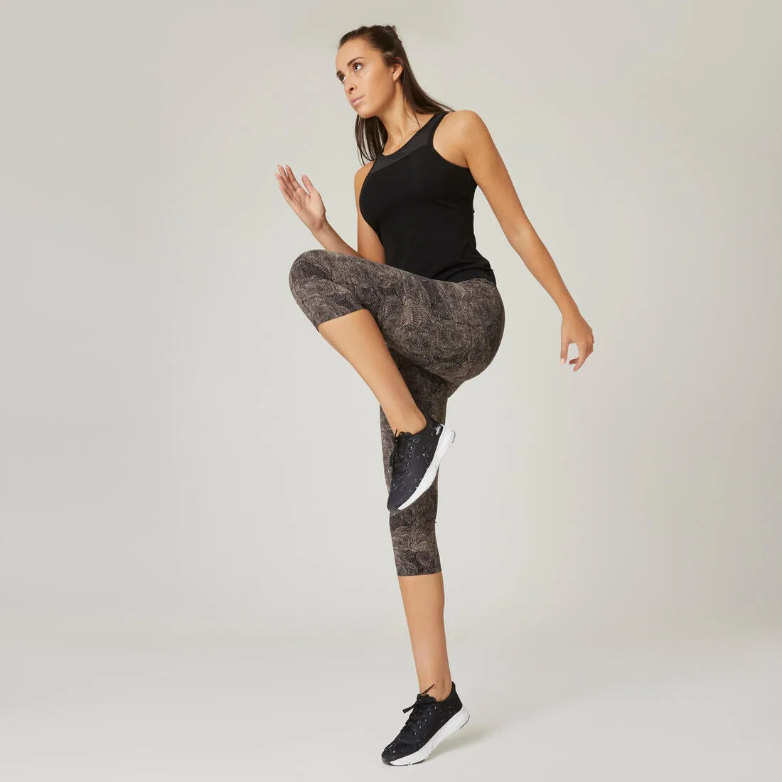 Women's Slim-Fit Crew Neck Cotton Fitness Tank Top 900 with Built-In Bra - Black