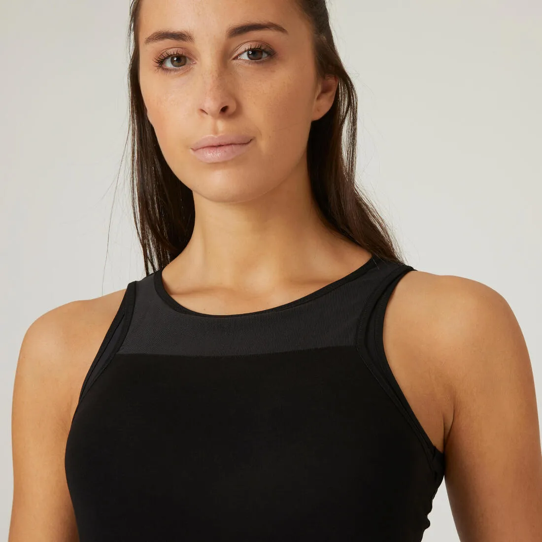 Women's Slim-Fit Crew Neck Cotton Fitness Tank Top 900 with Built-In Bra - Black