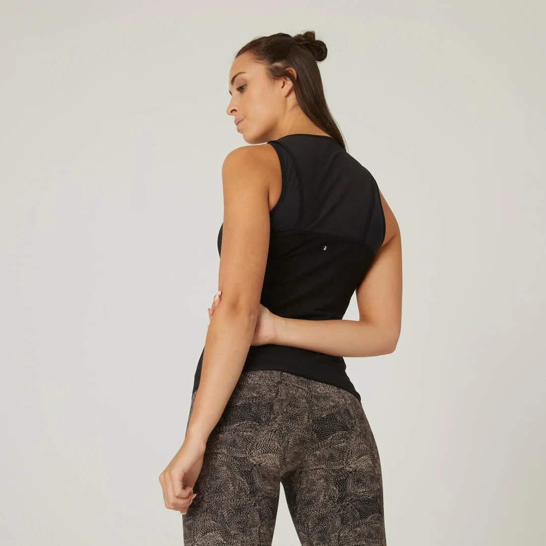 Women's Slim-Fit Crew Neck Cotton Fitness Tank Top 900 with Built-In Bra - Black