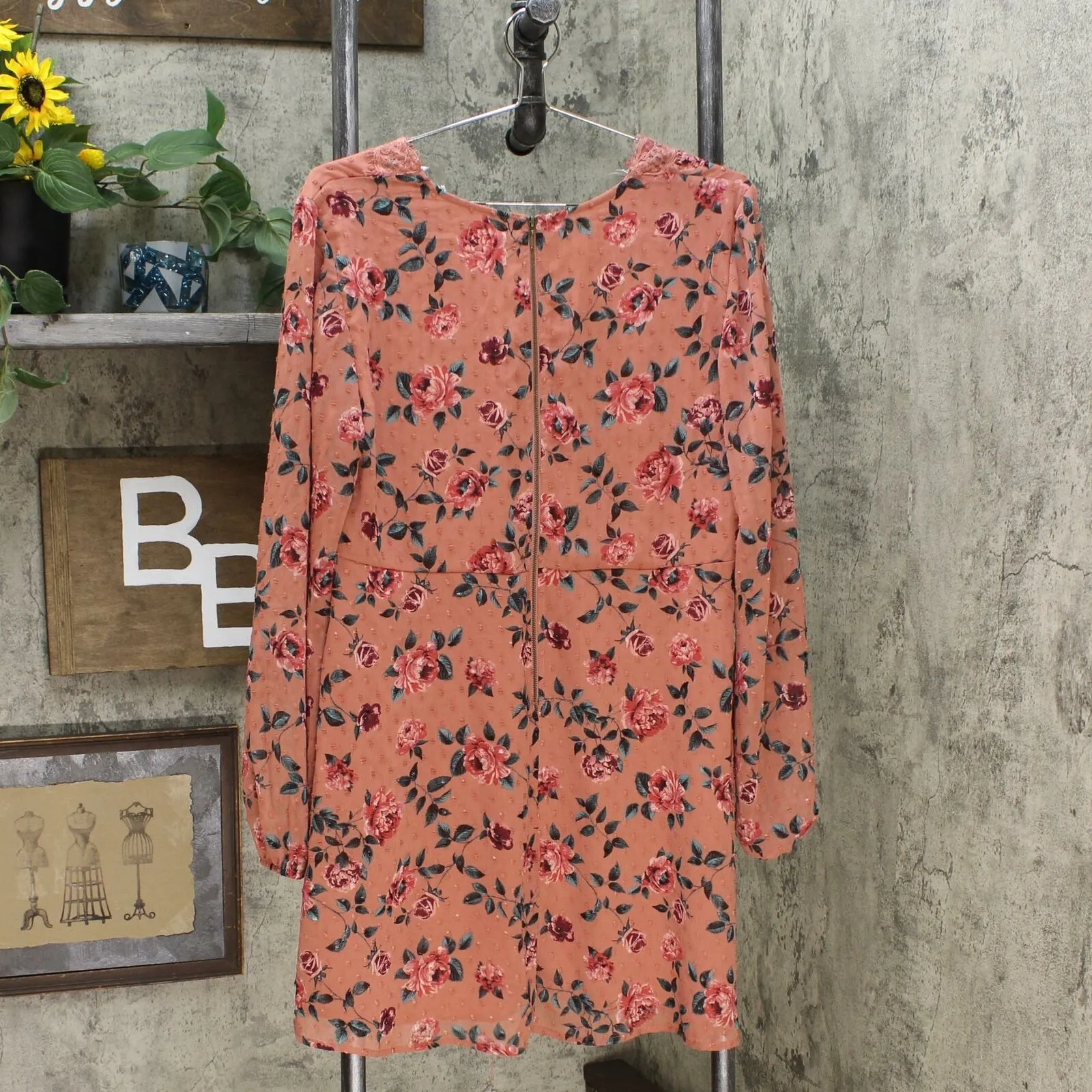 Xhilaration Women's Floral Print Long Sleeve V-Neck Lace Trim Mini Dress
