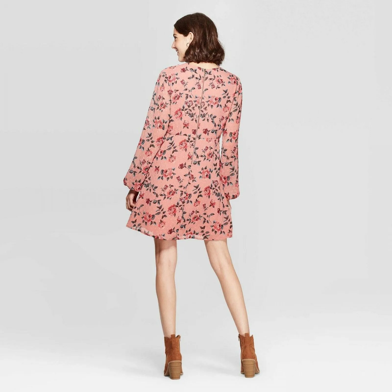 Xhilaration Women's Floral Print Long Sleeve V-Neck Lace Trim Mini Dress
