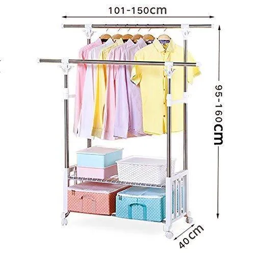 XQY Drying Rack Hangers Airer Clothes Stainless Steel Double Lever Floorstanding Telescopic Drying Rack Indoor Balcony Hanging Clothes Double Layer Shelf Clothes Rack