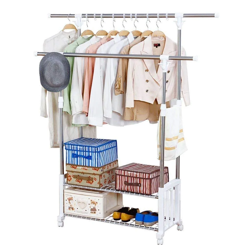 XQY Drying Rack Hangers Airer Clothes Stainless Steel Double Lever Floorstanding Telescopic Drying Rack Indoor Balcony Hanging Clothes Double Layer Shelf Clothes Rack