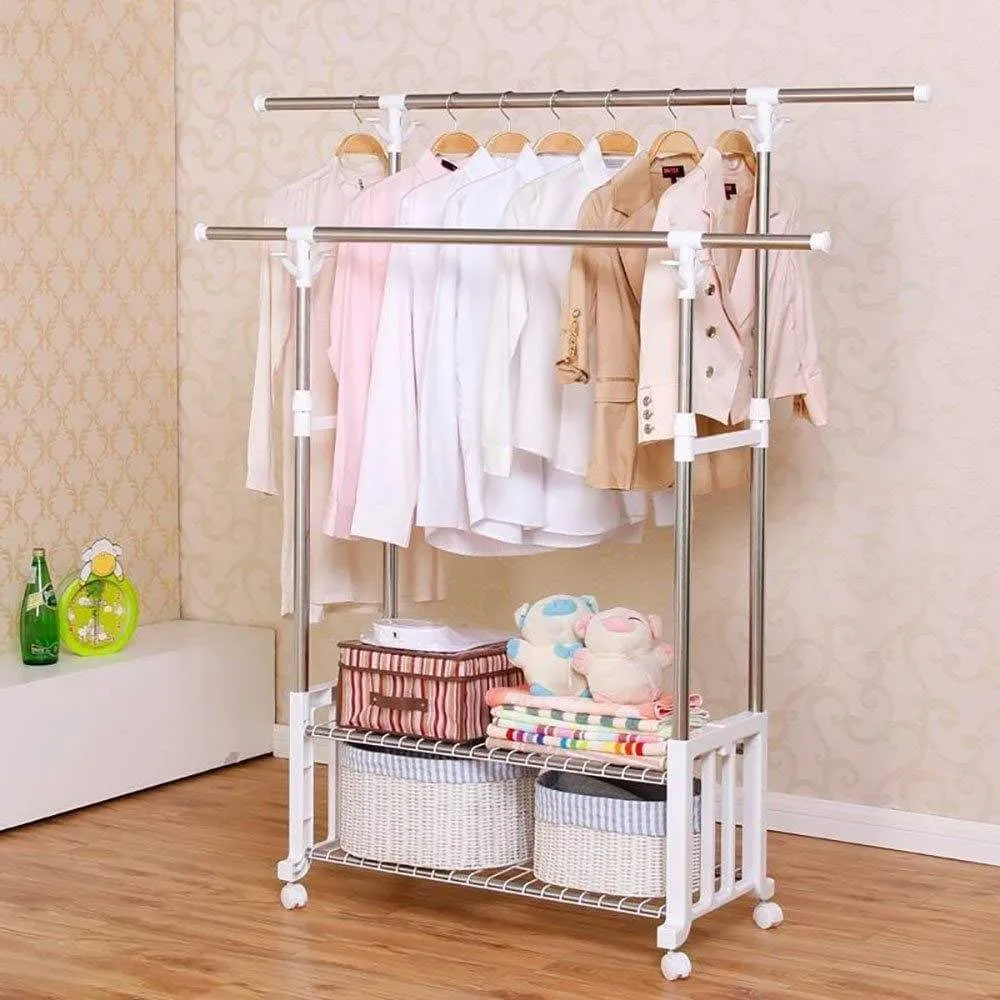 XQY Drying Rack Hangers Airer Clothes Stainless Steel Double Lever Floorstanding Telescopic Drying Rack Indoor Balcony Hanging Clothes Double Layer Shelf Clothes Rack