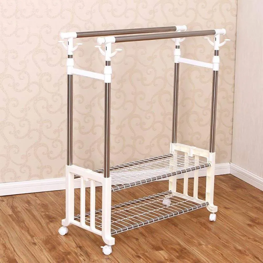 XQY Drying Rack Hangers Airer Clothes Stainless Steel Double Lever Floorstanding Telescopic Drying Rack Indoor Balcony Hanging Clothes Double Layer Shelf Clothes Rack